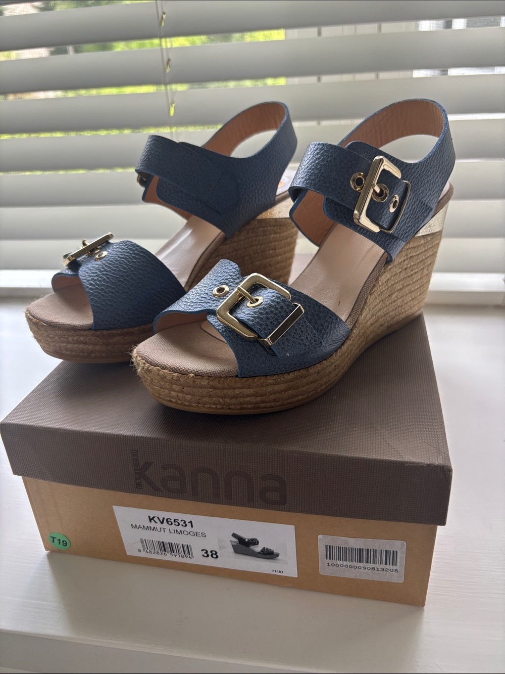 Kanna Limoges Blue Wedge Sandals with Gold wedge Detail